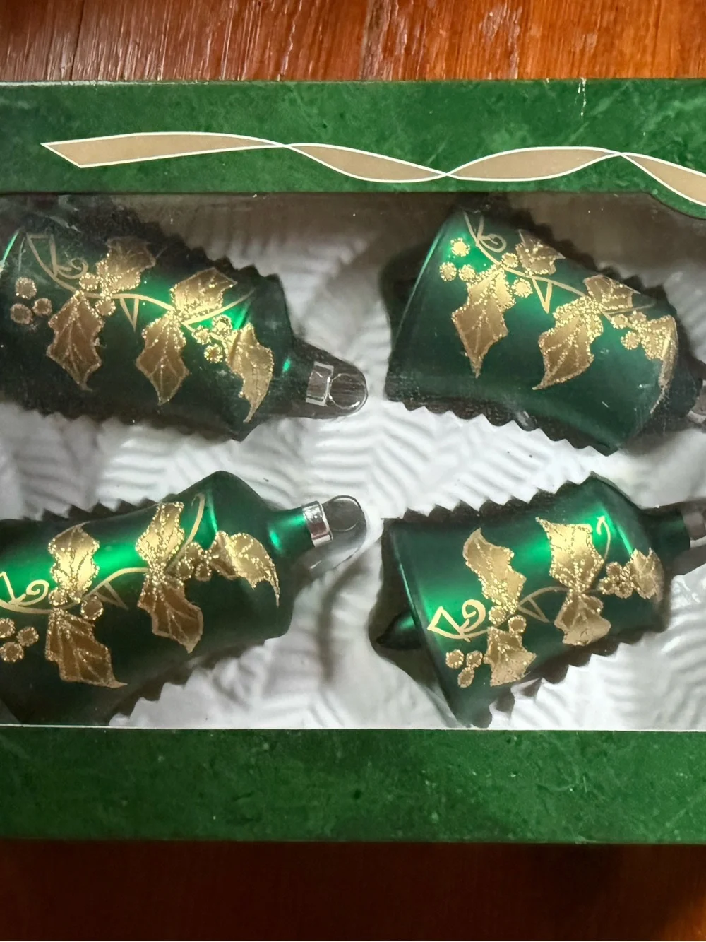 🔔 Vintage Green Glass Bell w/Gold Holly Painted Designs Holiday Ornaments